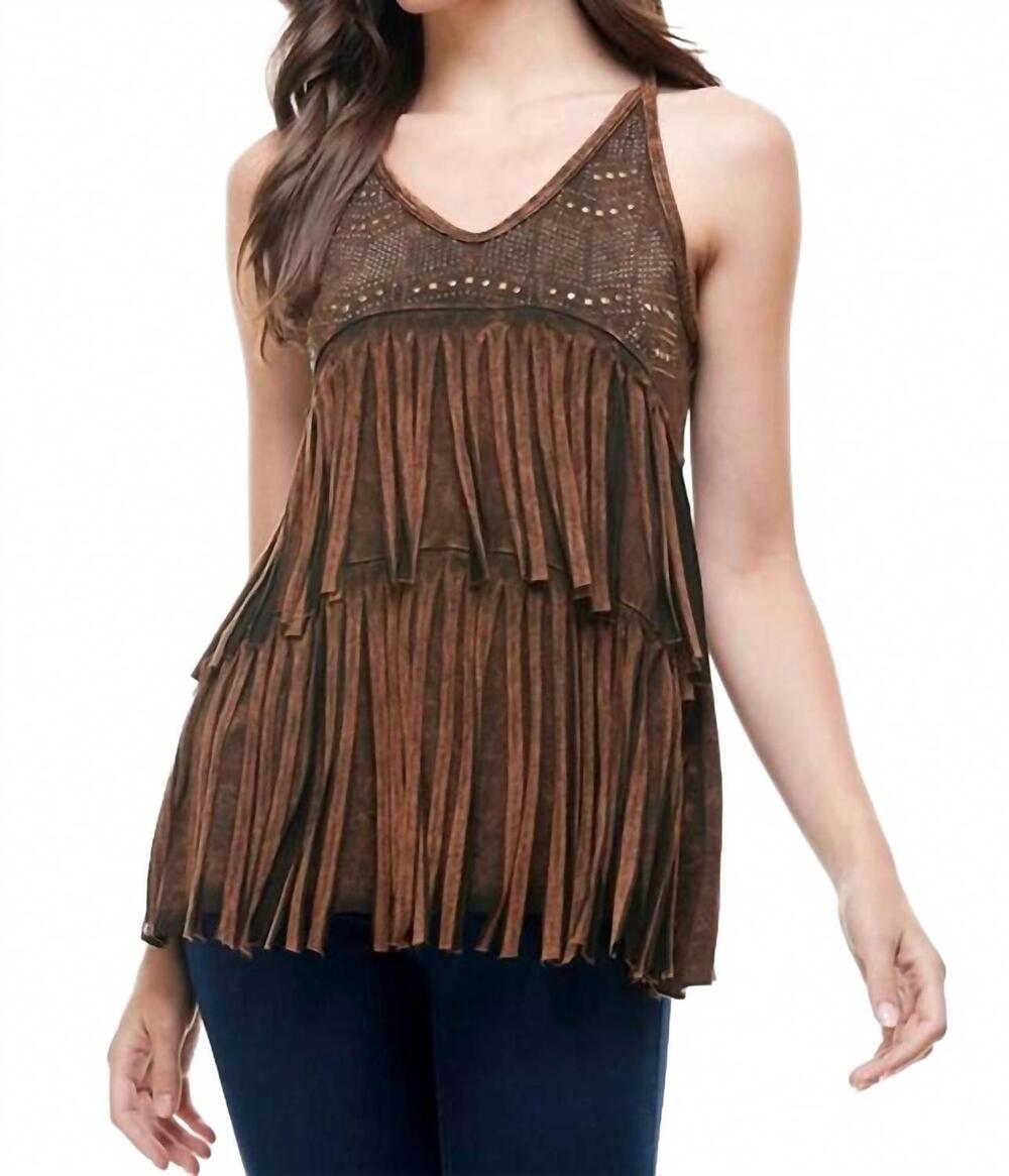 NEW T-PARTY women's mineral wash fringe side top in brown